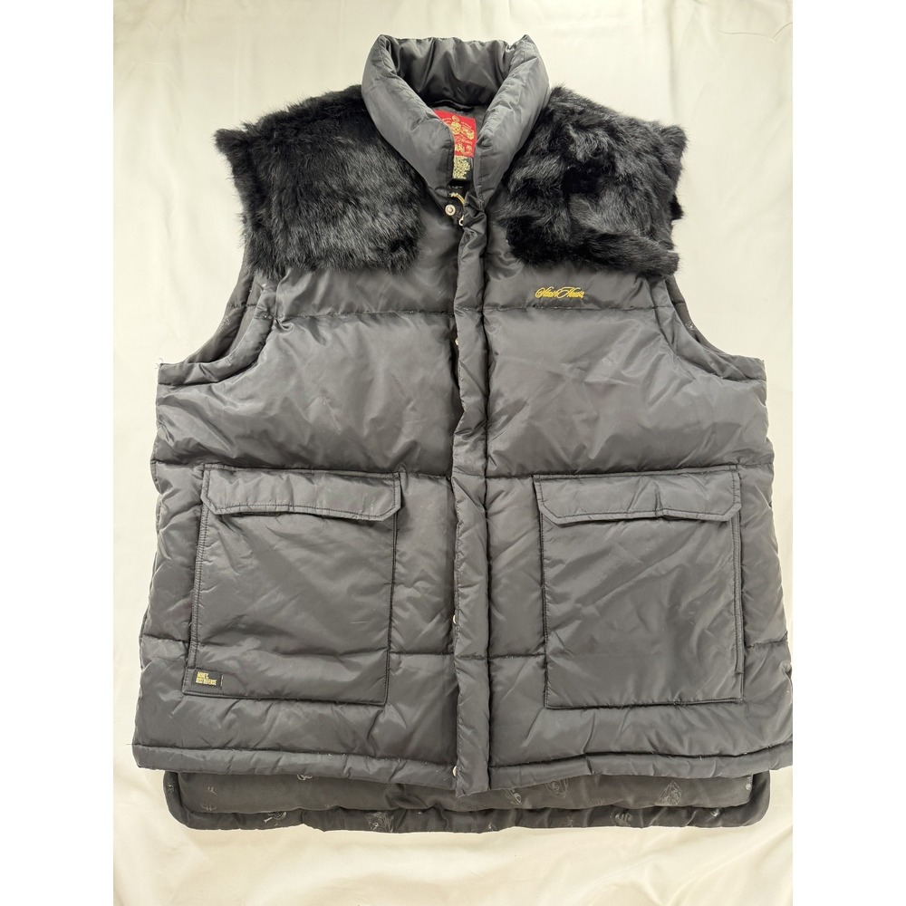 Y2K Stash House Puffer Vest Mens 3XL Black Faux Fur Collar Gold Logo Quilted